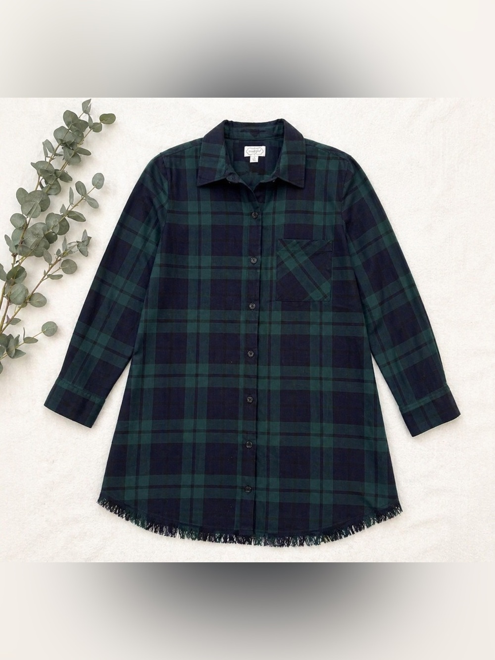 Mud Pie Plaid Shirt Dress | Green & Navy | Fringe Hem | Casual Chic